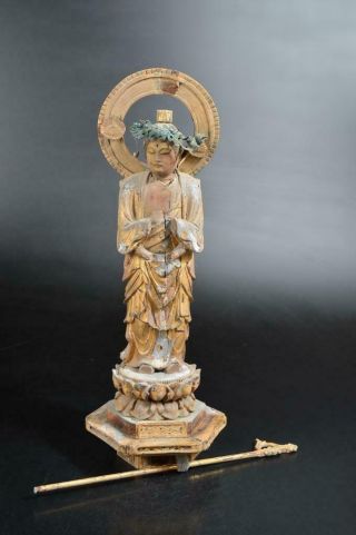 T989: Japanese Wood Carving Buddhist Statue Sculpture Ball Eye Buddhist Art