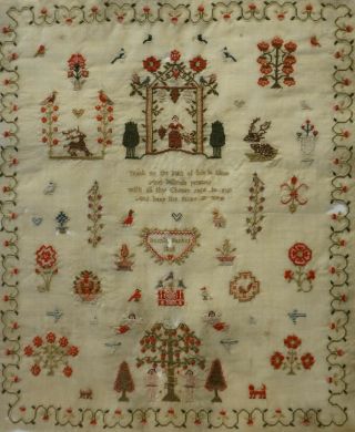 EARLY 19TH CENTURY ADAM & EVE,  MOTIF & VERSE SAMPLER BY HANNAH PARKER - 1828 11