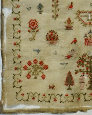 EARLY 19TH CENTURY ADAM & EVE,  MOTIF & VERSE SAMPLER BY HANNAH PARKER - 1828 6