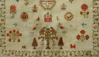 EARLY 19TH CENTURY ADAM & EVE,  MOTIF & VERSE SAMPLER BY HANNAH PARKER - 1828 8