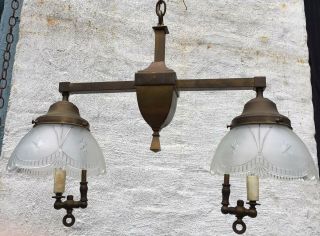 Antique Victorian Arts Crafts Hall Gas Fixture Chandelier Gillinder Shade 1911 8