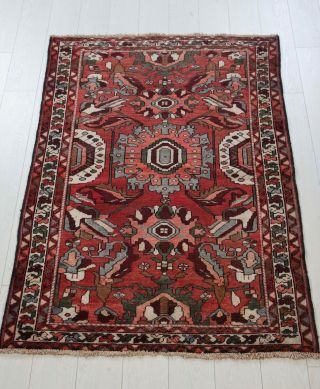 5x3.  44ft Antique Hand - Knotted Persian Heriz Rug,  Red Small Vintage Tribal Rug