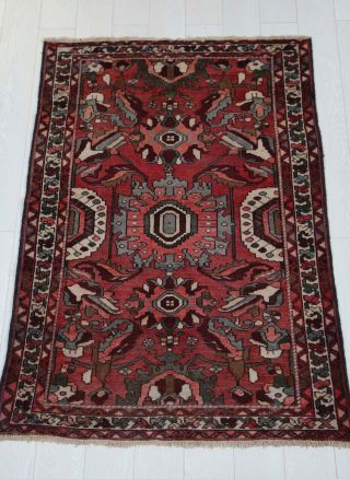 5x3.  44ft Antique Hand - Knotted Persian Heriz Rug,  Red Small Vintage Tribal Rug 6