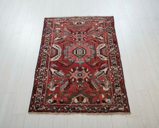 5x3.  44ft Antique Hand - Knotted Persian Heriz Rug,  Red Small Vintage Tribal Rug 8