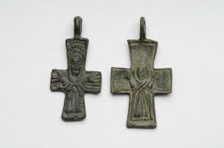 2 Ancient Bronze Crosses Christ Image Byzantine 900 - 1300 Ad