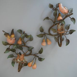 Vtg Pair Shabby French Chic Toleware Wall Sconce Candle Holder Birds Pears X 2