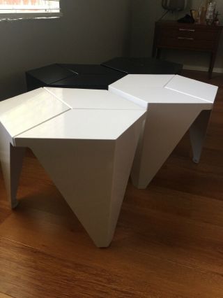 Set 2 White Hexagon Prismatic Metal Side Table Stools Mid Century Design