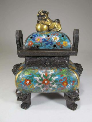 Antique Chinese Asian Cloisonne Foo Dog Covered Bronze Censer Signed