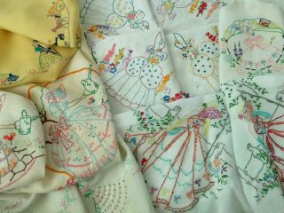 Vintage Embroidered Crinoline Ladies 5 Tablecloths Repurposing