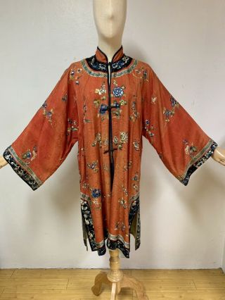 Antique Vintage Chinese Hand Embroidered Silk Robe Dress Blouse Embroidery China