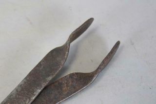 RARE 18TH C AMERICAN WROUGHT IRON PIPE TONGS EARLY FORM GREAT DECORATED HANDLES 12