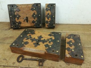 2 Large Antique Carved Oak Steel Brass Rim Locks Keep Reclaimed Old Door Gothic