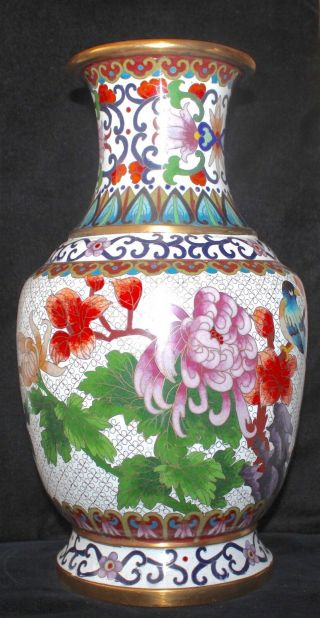 Antique Chinese Cloisonné White Enamel Pedestal Large Vase Roses Birds Republic 10