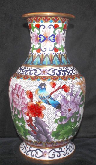 Antique Chinese Cloisonné White Enamel Pedestal Large Vase Roses Birds Republic