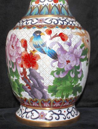 Antique Chinese Cloisonné White Enamel Pedestal Large Vase Roses Birds Republic 2