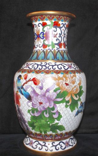 Antique Chinese Cloisonné White Enamel Pedestal Large Vase Roses Birds Republic 3