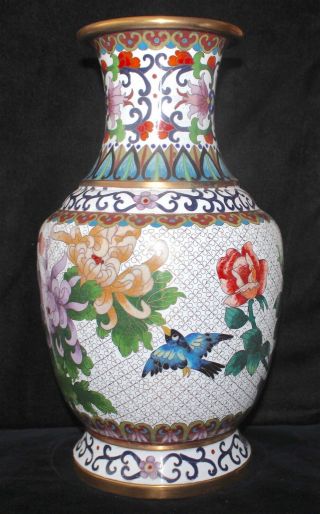 Antique Chinese Cloisonné White Enamel Pedestal Large Vase Roses Birds Republic 4