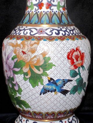 Antique Chinese Cloisonné White Enamel Pedestal Large Vase Roses Birds Republic 5