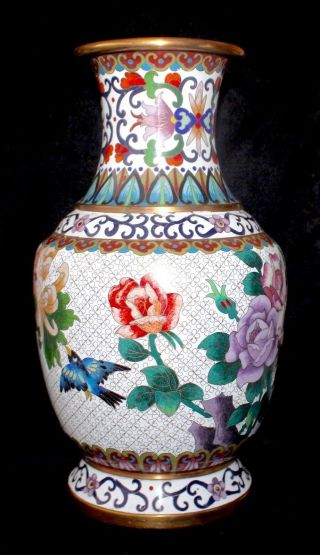 Antique Chinese Cloisonné White Enamel Pedestal Large Vase Roses Birds Republic 6