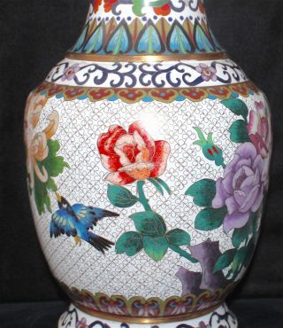 Antique Chinese Cloisonné White Enamel Pedestal Large Vase Roses Birds Republic 7