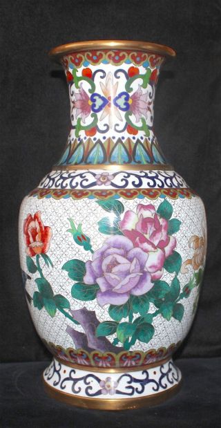 Antique Chinese Cloisonné White Enamel Pedestal Large Vase Roses Birds Republic 8