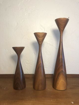 3 Rude Osolnik Style Candlesticks Vintage Turned Wood Mid - Century Modern