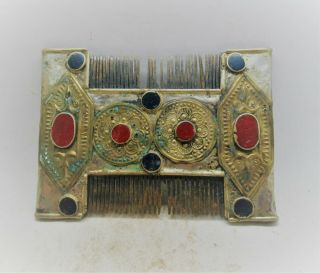 Ancient Byzantine Silver And Gold Gilded Crusaders Comb With Stone Inserts