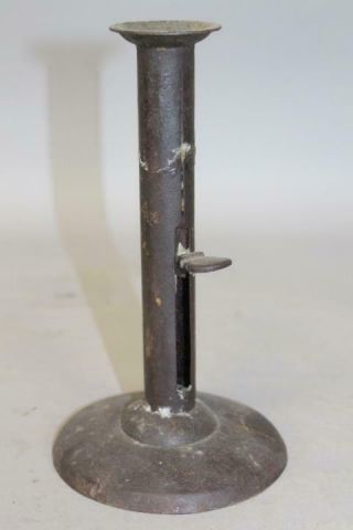 Rare Early 19th C Tinned Iron Hogscraper Candlestick In Old Grungy Patina