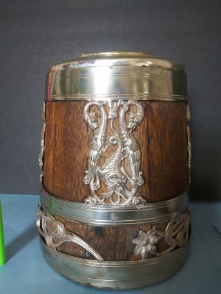 Giant antique split Oak silver plate tankard gargoyles Dolphins flowers mug beer 3
