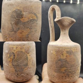 Old Rare Unique Roman Greek Painted Animals Pottery Ewer 40