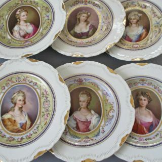 Set 6 Antique Hp Porcelain Potrait Plates Ladies French Trophy Motifs Gilt Trim