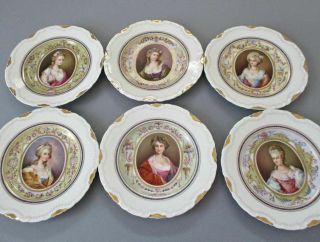 Set 6 Antique HP Porcelain Potrait Plates LADIES French Trophy Motifs GILT Trim 2