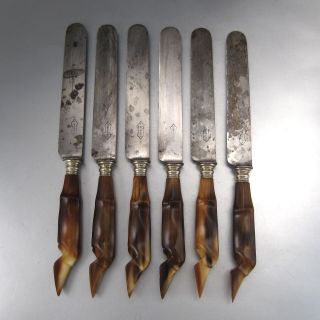 Six Antique French “Morlot” Horn Handle Knives Silver Collars,  Ram’s Foot Design 2