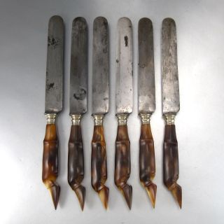 Six Antique French “Morlot” Horn Handle Knives Silver Collars,  Ram’s Foot Design 3