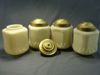 4 Art Deco Era Cream Satin Glass Pendant Light Shades Brass Fitters Flame Design