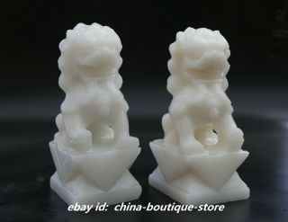 7.  9 " Chinese Natural White Jade Handcarving Foo Fu Dog Guardion Lion Statue Pair