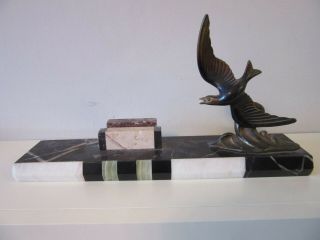 Art Deco Photo Frame Marble Base With Metal Figure Swooping Bird