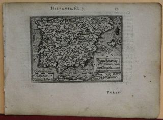 Spain Portugal 1577 Ortelius/galle Unusual First Edition Antique Miniature Map