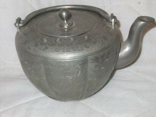 Antique Chinese Engraved Kut Hing Swatow Pewter Teapot.