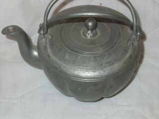 Antique Chinese Engraved Kut Hing Swatow Pewter Teapot. 3