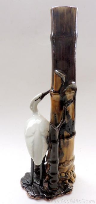 RARE - LARGE & SIGNED Japanese pottery SUMIDA crane & bamboo BUD VASE 8
