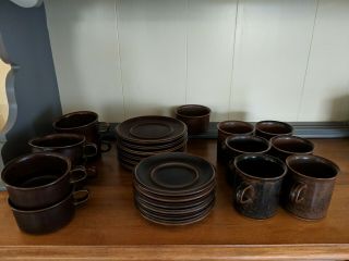 Arabia Ruska Tea Cups W/ Saucers,  Coffee Mugs W/ Saucers,  And Sugar Bowl