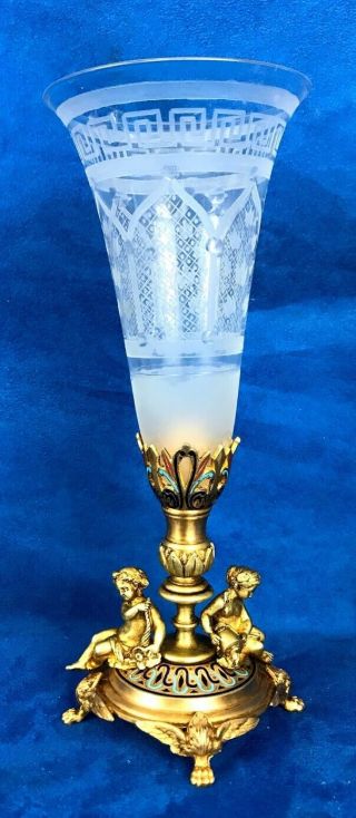 French Bronze Champleve Enamel On Gild Bronze Epergne Art Glass Trumpet Vase