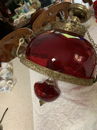 Ruby Red Glass Electric Hanging Lamp Chandelier Hurricane 14”