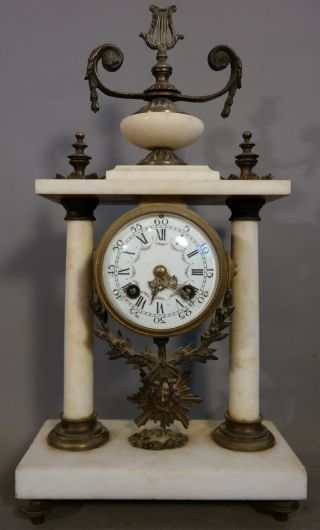 19thc Antique Victorian Era French Marble Old Portico Style Mantel Clock