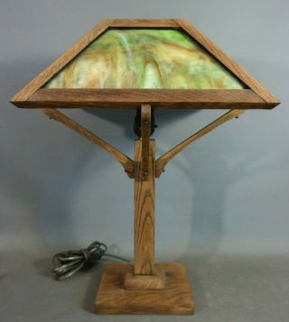Antique Arts & Crafts Era Mission Oak Green Slag Glass Old Parlor Desk Lamp