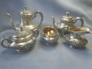 Gorham Buttercup Sterling Silver 5 Piece Tea Set W/gilt Interiors