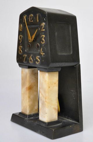 A LIBERTY/ARCHIBALD KNOX STYLE ARTS AND CRAFTS BRONZE & MARBLE CLOCK c1910 3