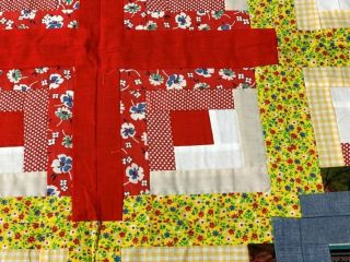 Retro Vintage PA Log Cabin QUILT Top POP Art Red Centers 4