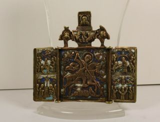 Russian Antigue Orthodox Bronze Icon Enameled St George And Dragon